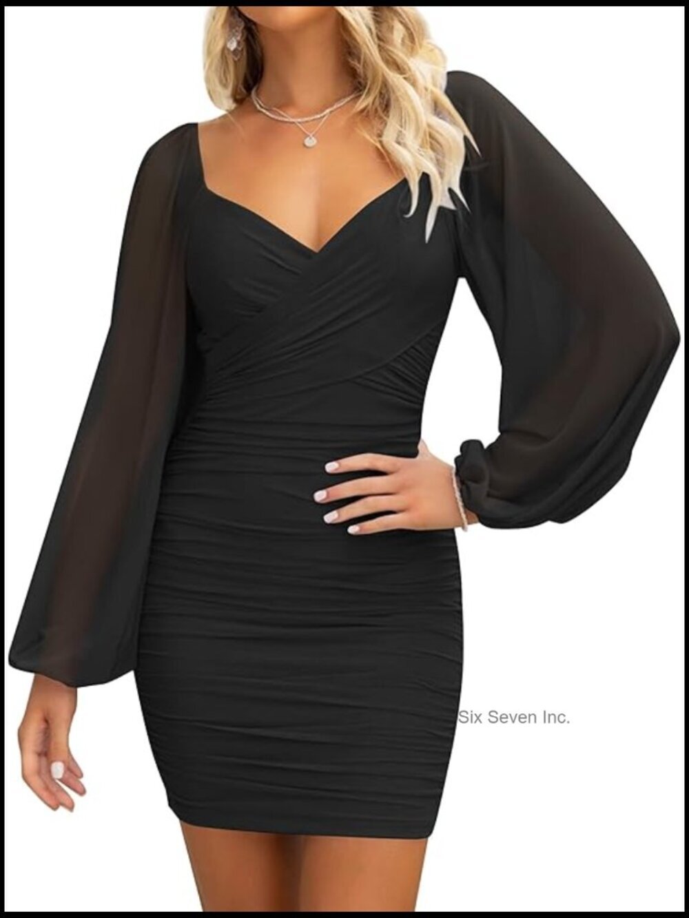Sexy V Neck Ruched Bodycon Mini Dress Puff Long Sleeve Cocktail Party Short